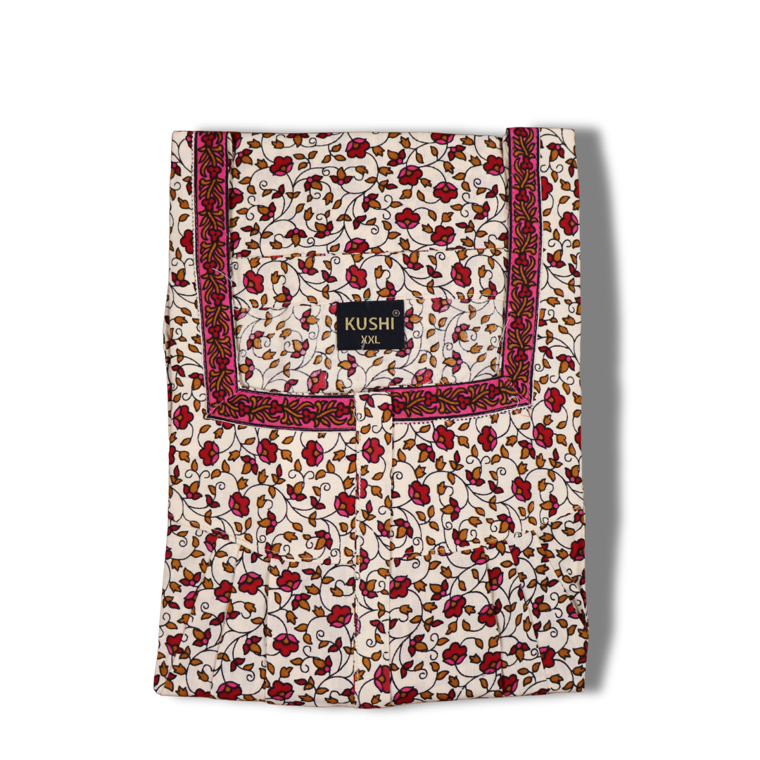 Jaipur Cotton Printed Nighty – Beige & Brown Floral