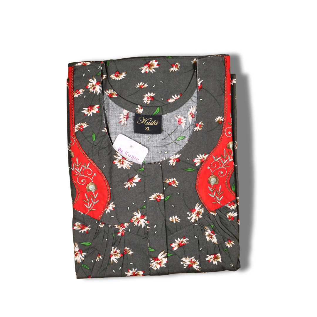 Red Floral Cotton Nighty with Blue Embroidered Neck Panel