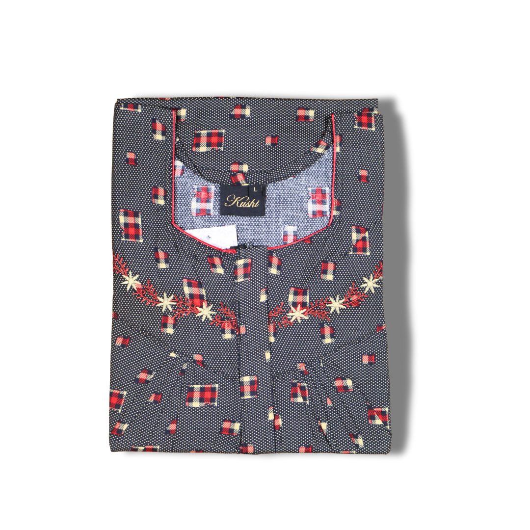 Red Cotton Nighty with Floral Embroidery and Geometric Print