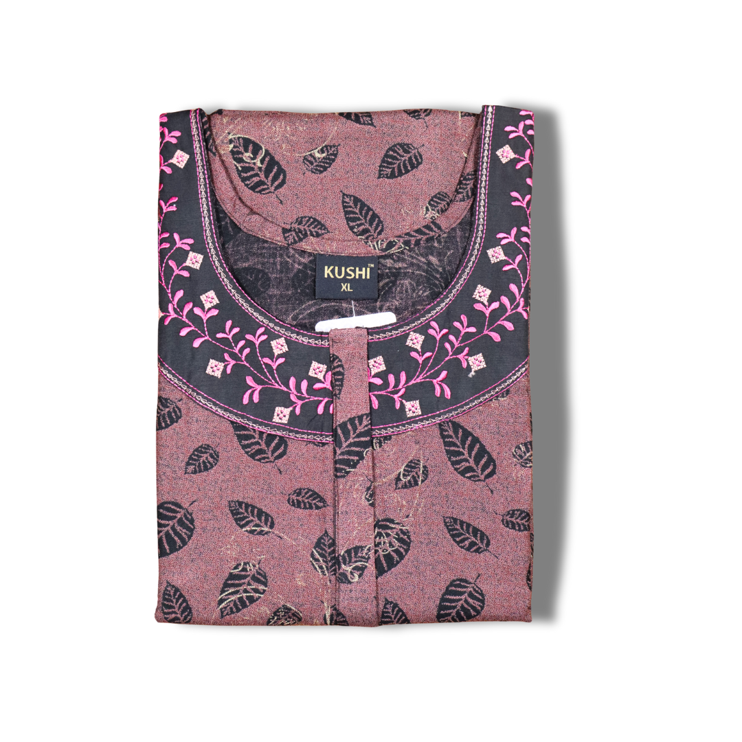 Rust Brown Leaf-Print Nighty with Embroidered Neckline