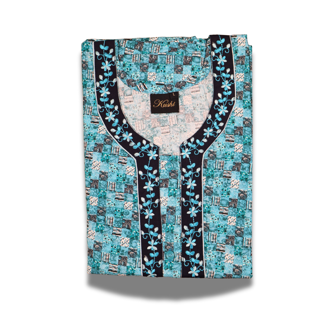 Red Printed Cotton Nighty with Contrast Black Embroidered Neck