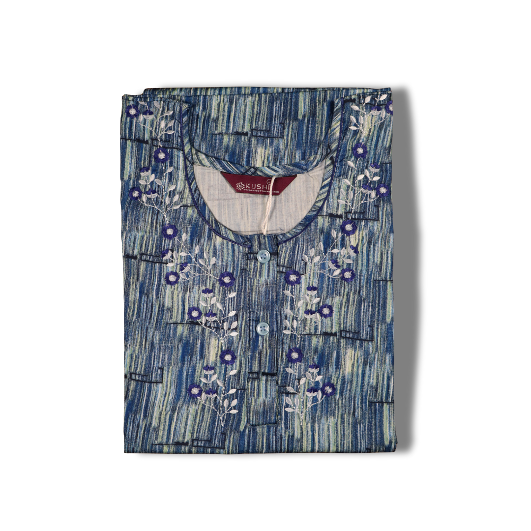 Brick Red & Aqua Abstract Printed Cotton Nighty with Embroidered Yoke