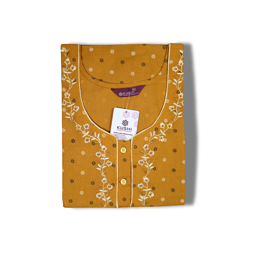 Premium Cotton Black Nighty – Blue Embroidered Neck & Floral Print