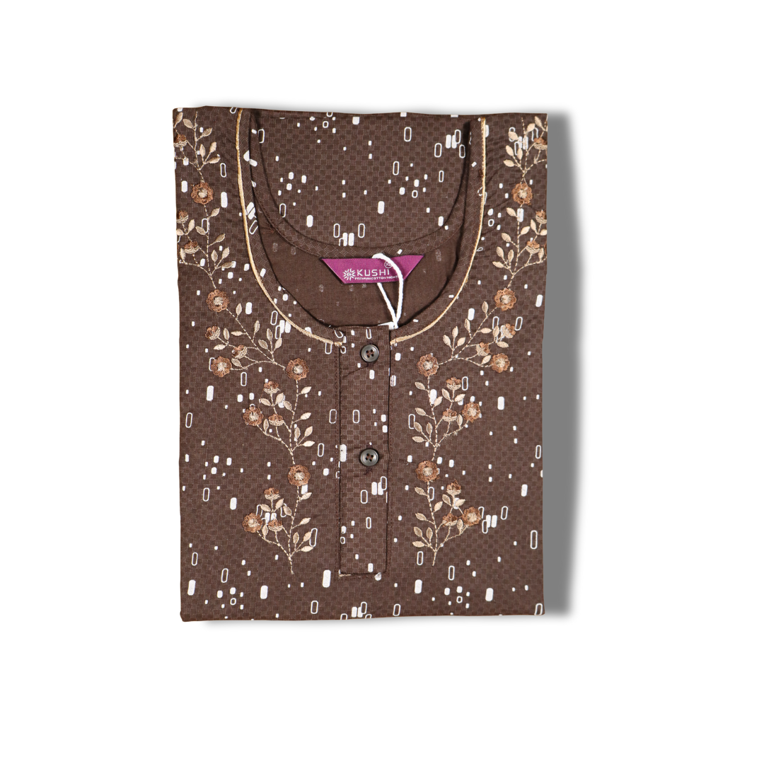 Olive Green Polka Printed Cotton Nighty with Blue Embroidered Neck