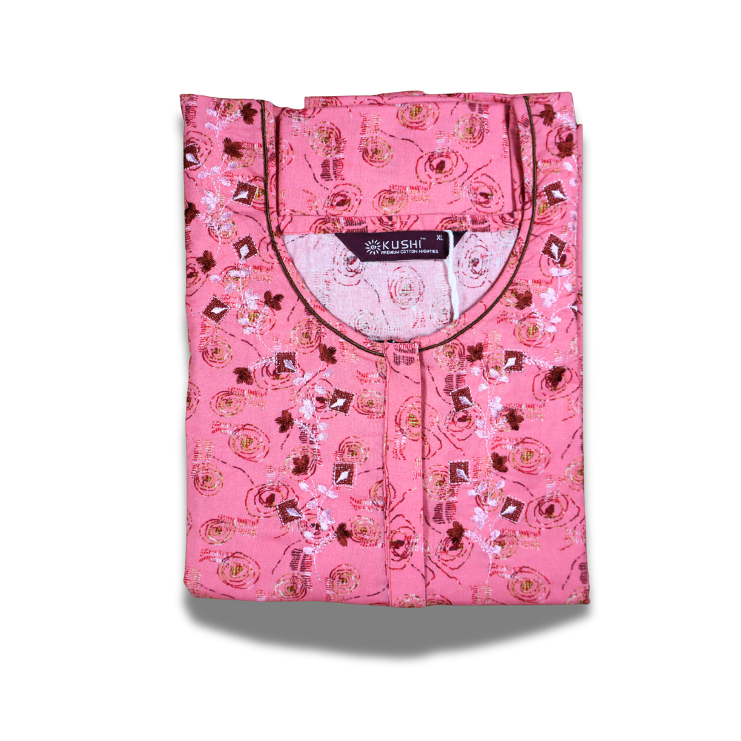 Elegant Beige Floral Printed Nighty with Embroidered Neckline