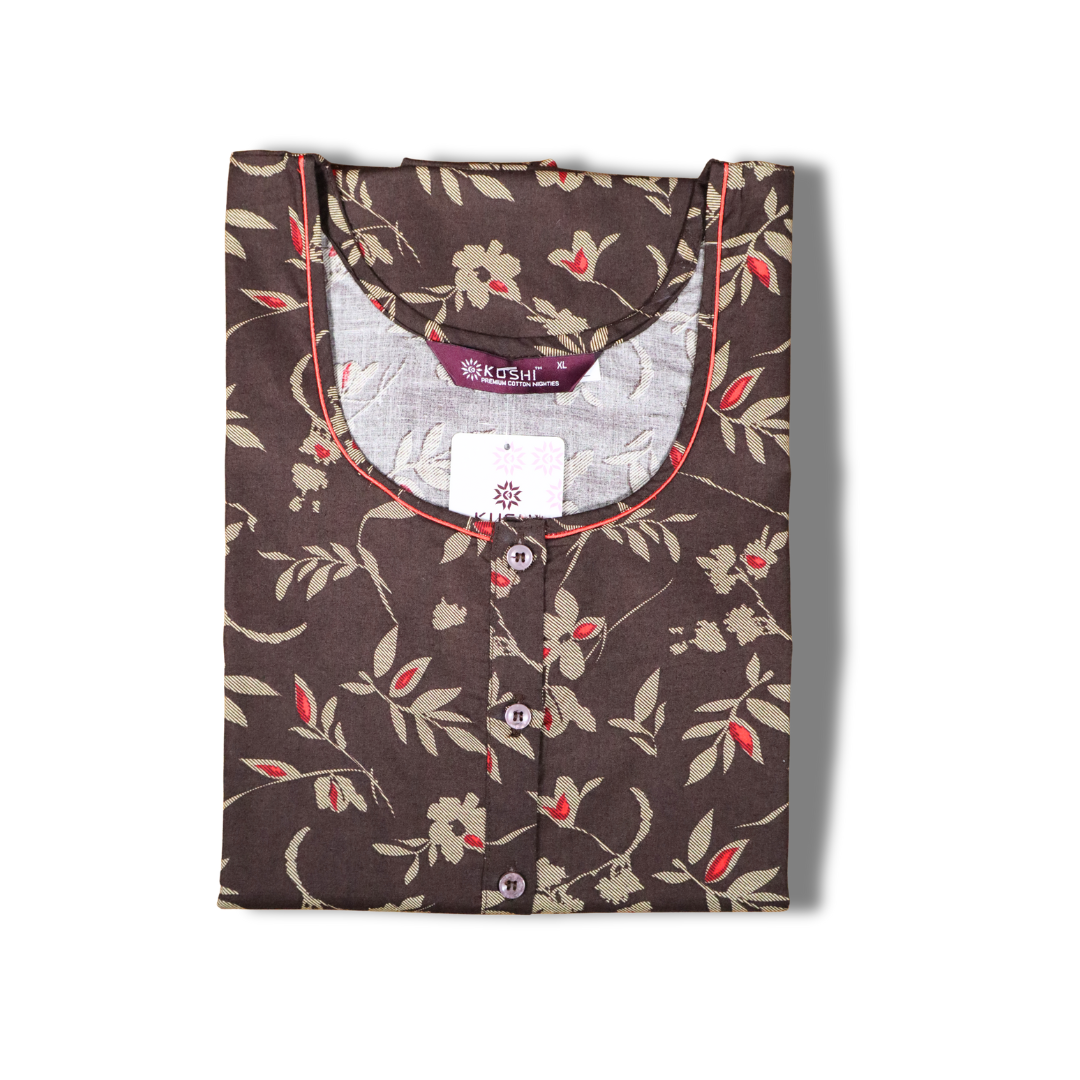 Premium Floral Printed Women’s Nighty – Mustard Brown