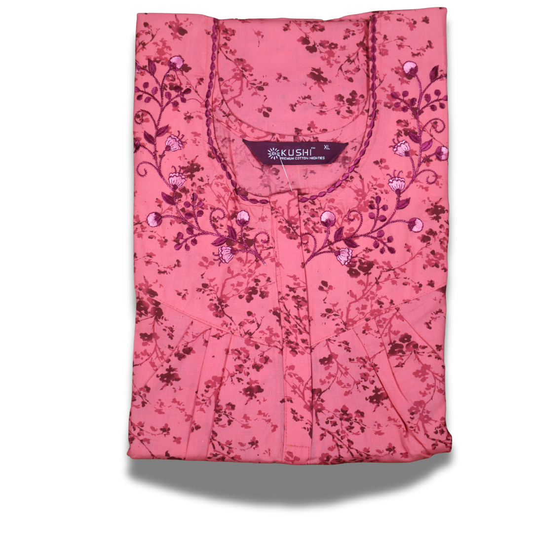 Teal Green Floral Printed Nighty with Embroidered Neckline