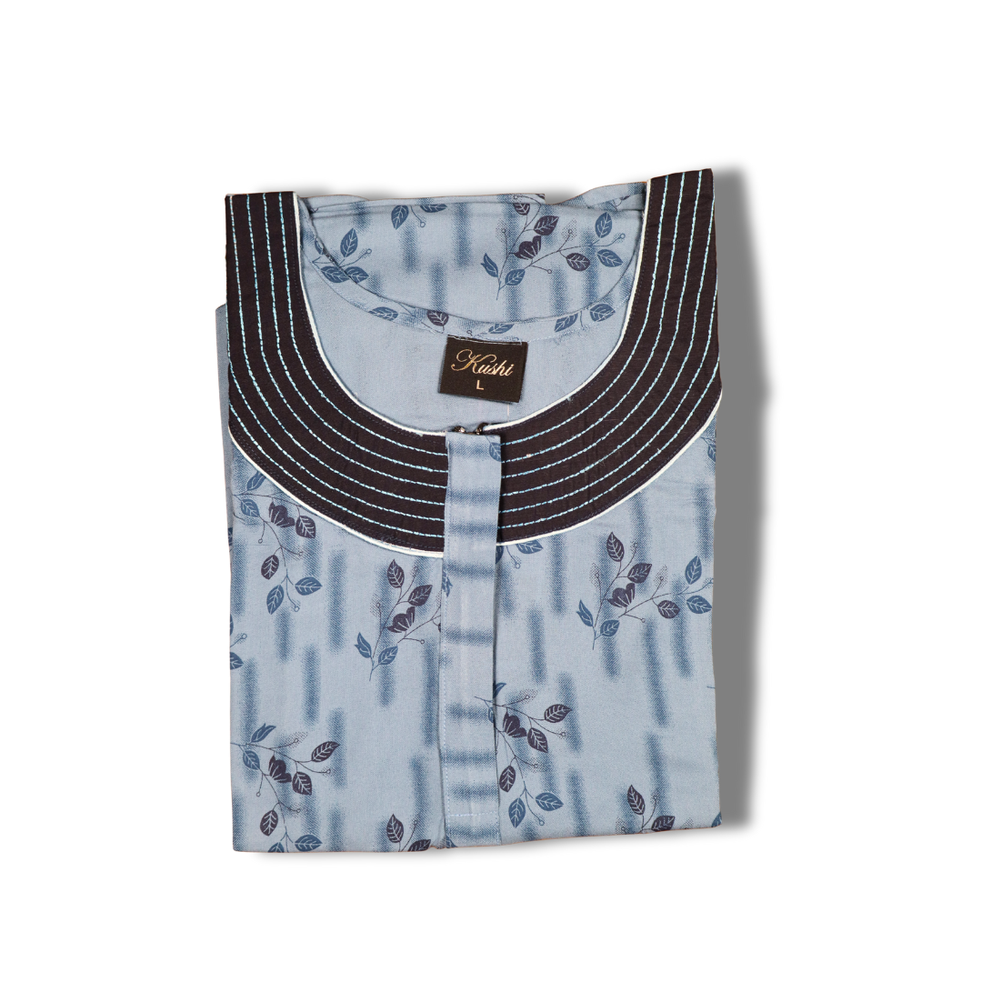 Elegant Navy Blue Floral Printed Cotton Nighty