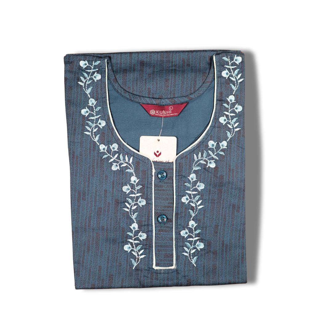 Teal Blue Cotton Nighty with Elegant Floral Neck Embroidery