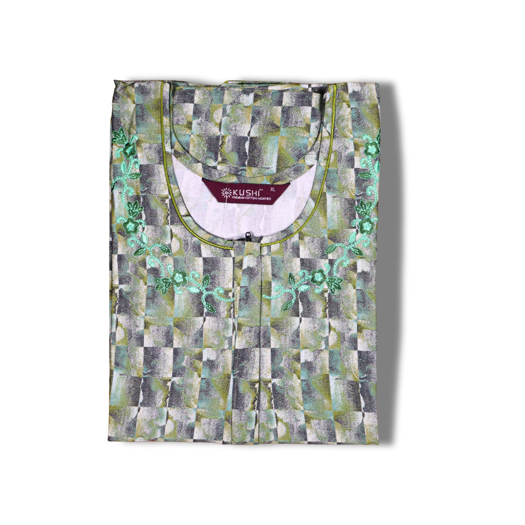 Slate Blue Geometric Printed Cotton Nighty with Embroidered Neckline