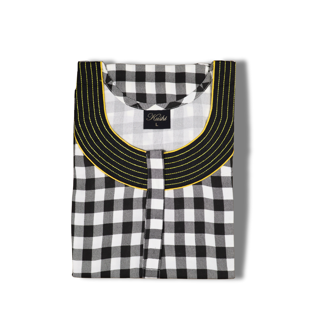 Rayon Heavy Nighty – Red & White Checkered with Navy Neckline