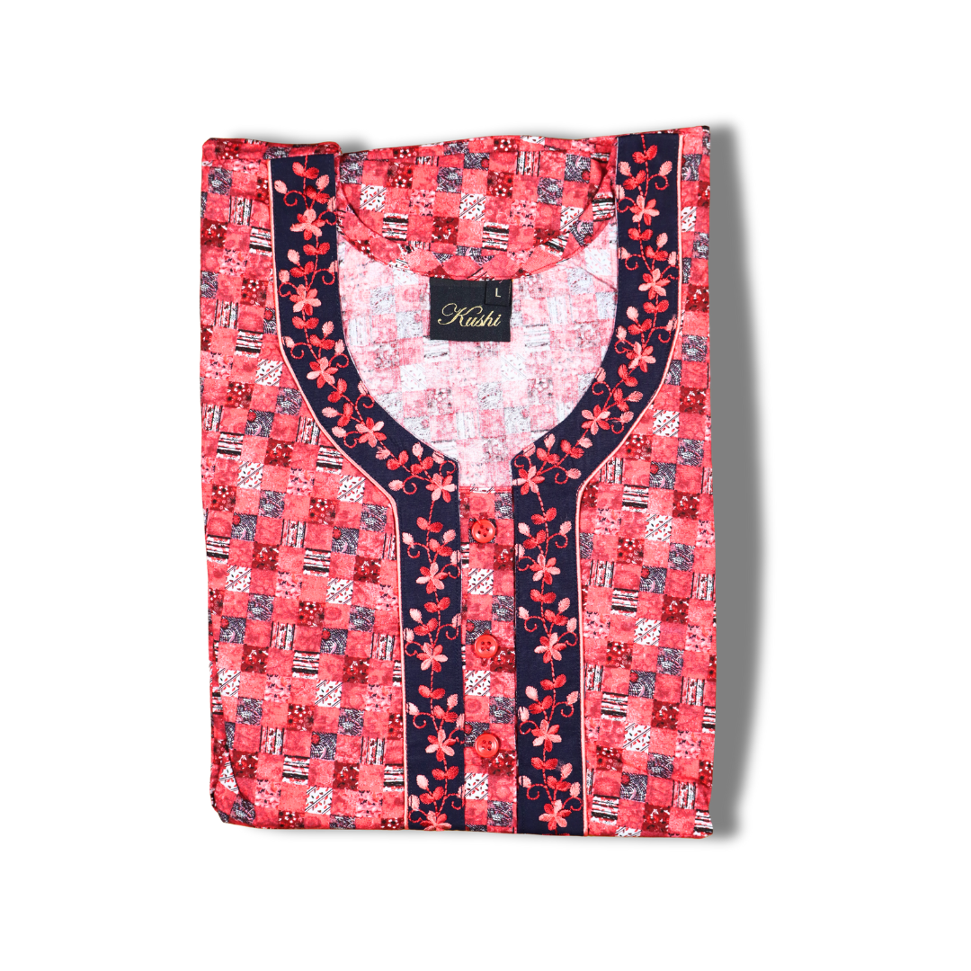Aqua Blue Printed Cotton Nighty with Black Embroidered Yoke