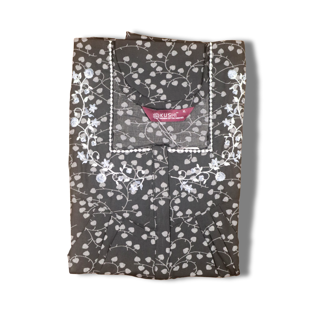 Dark Maroon Floral Nighty with Pink Embroidered Square Neck