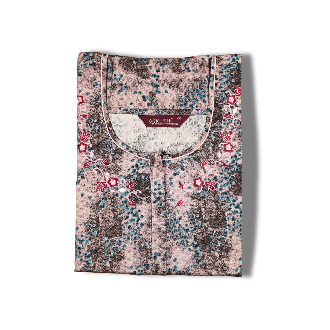 Beige & Teal Abstract Printed Cotton Nighty with Green Embroidery