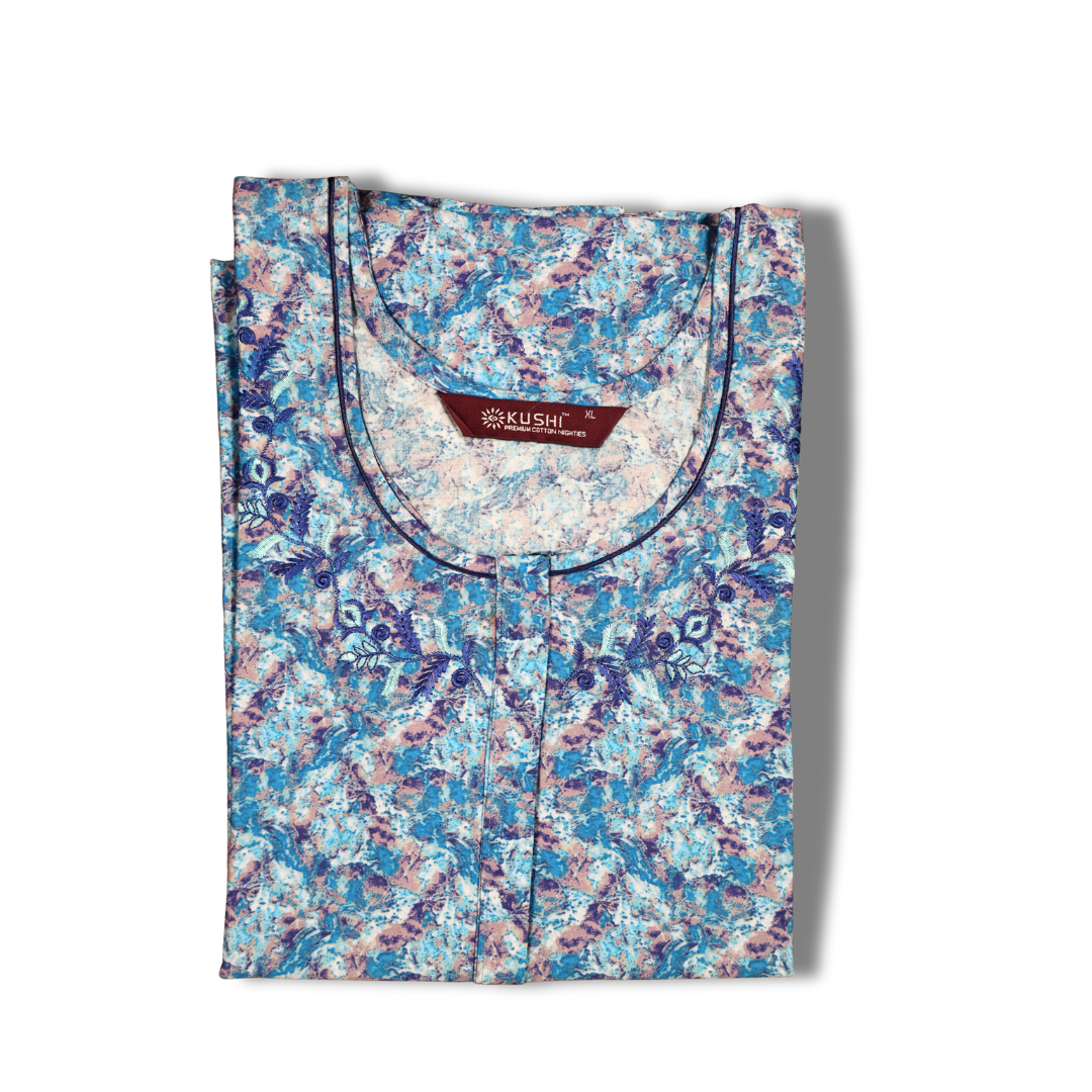 Golden Brown Printed Cotton Nighty with Embroidered Neck