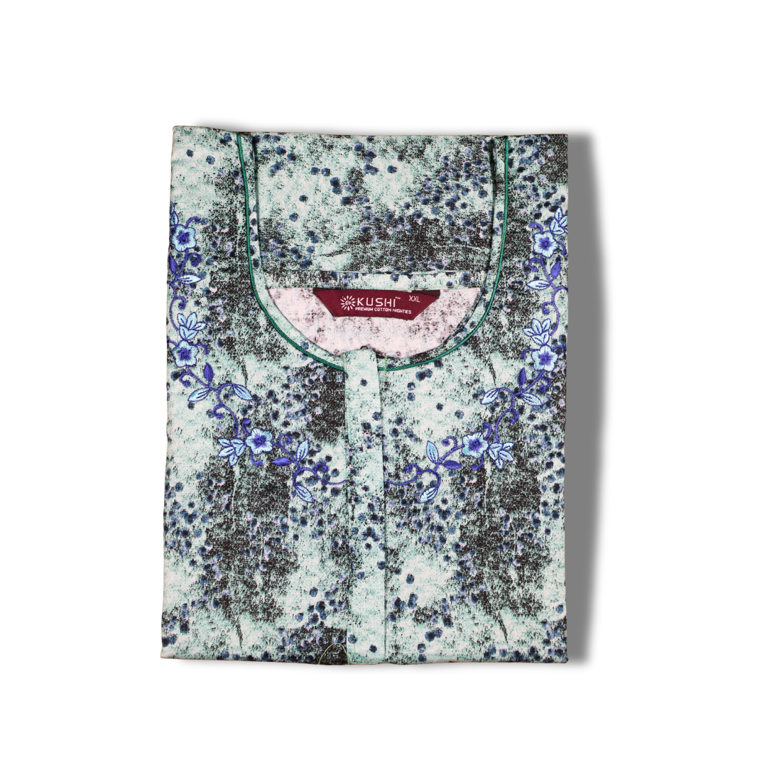 Beige & Teal Abstract Printed Cotton Nighty with Green Embroidery