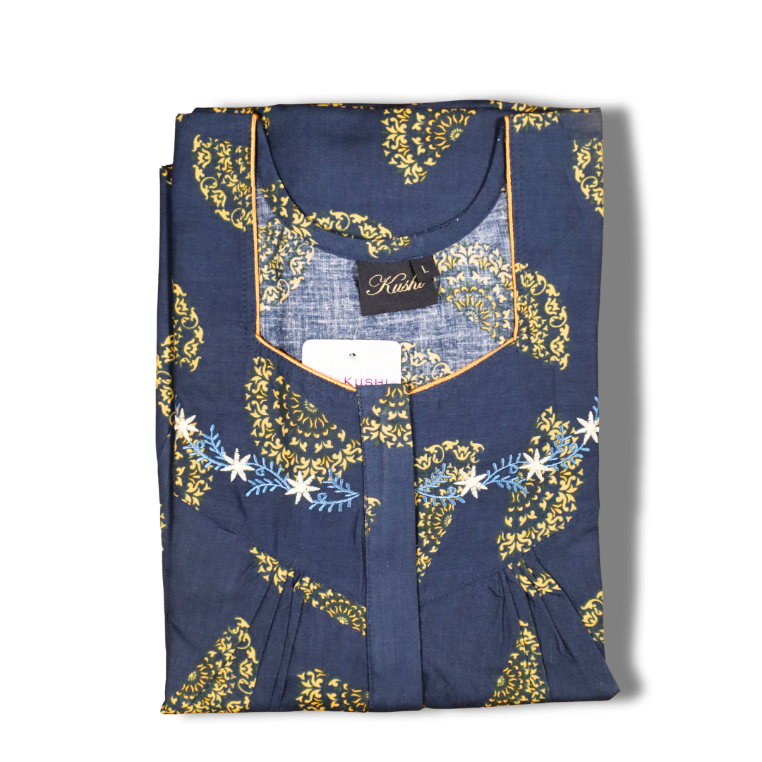 Premium Cotton Nighty – Red Paisley, Notch Neck, Short Sleeve