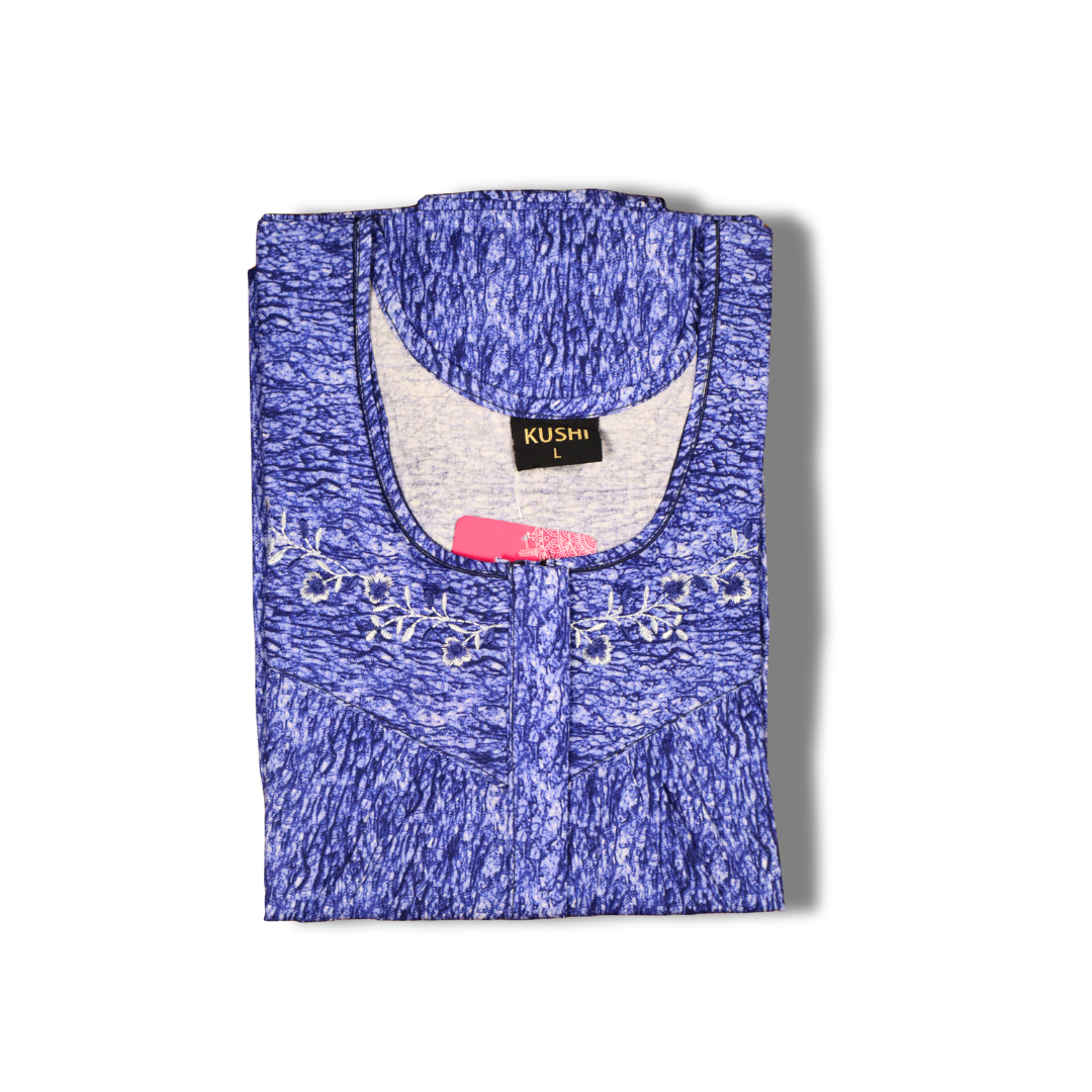 Fuchsia Pink Textured Nighty with Embroidered Scoop Neck