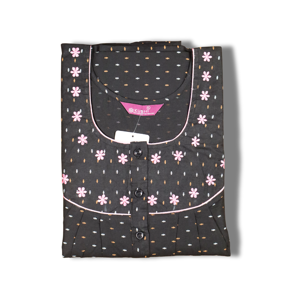Women’s Navy Polka Nighty with Embroidered Yoke & Short Sleeves