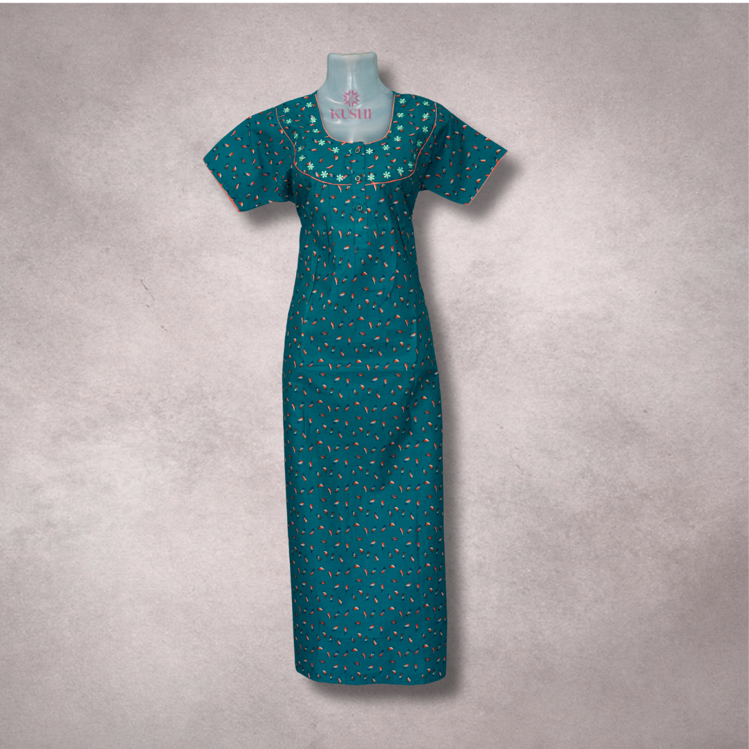 Teal Printed Cotton Nighty with Embroidered Neckline