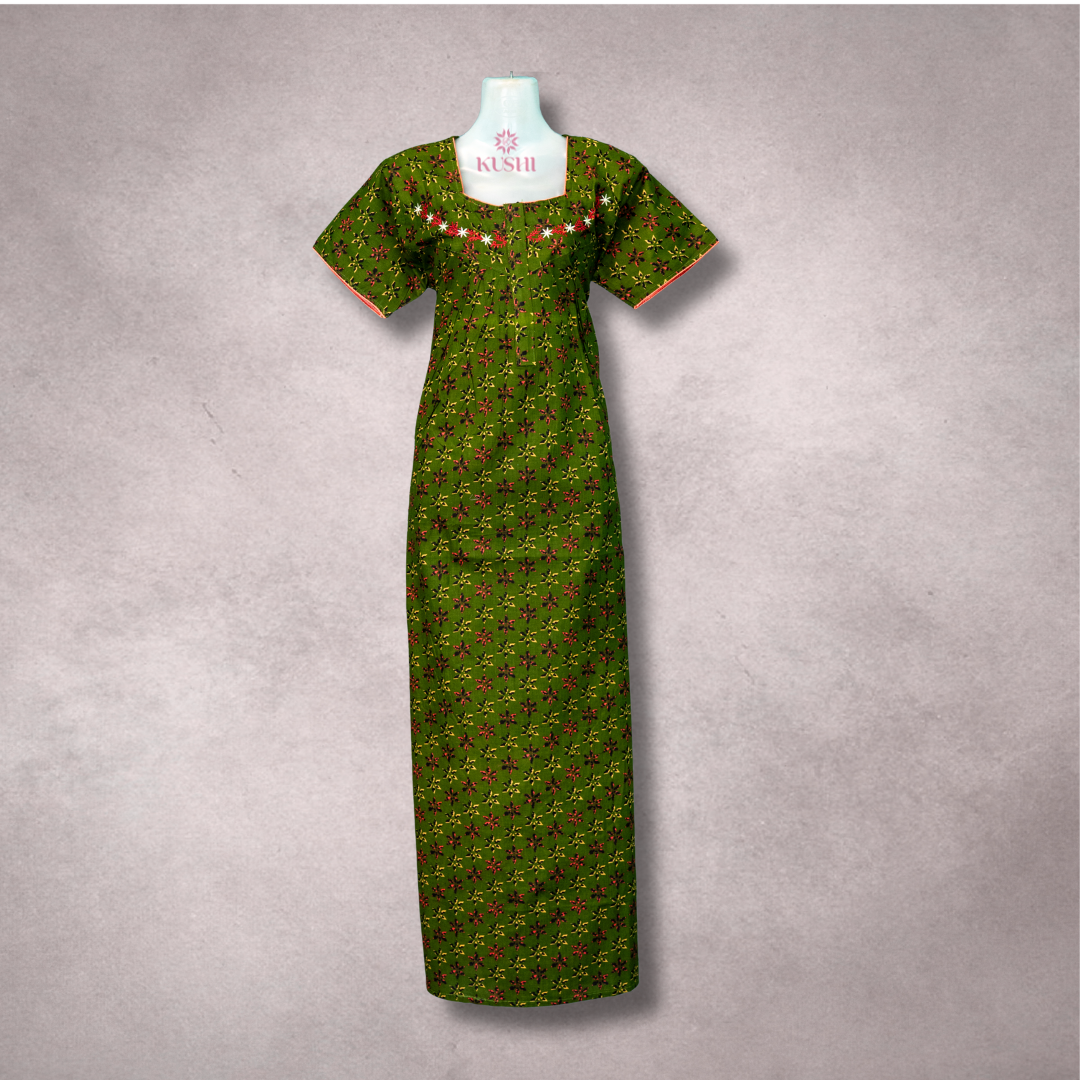 Olive Green Printed Cotton Nighty with Embroidered Neckline