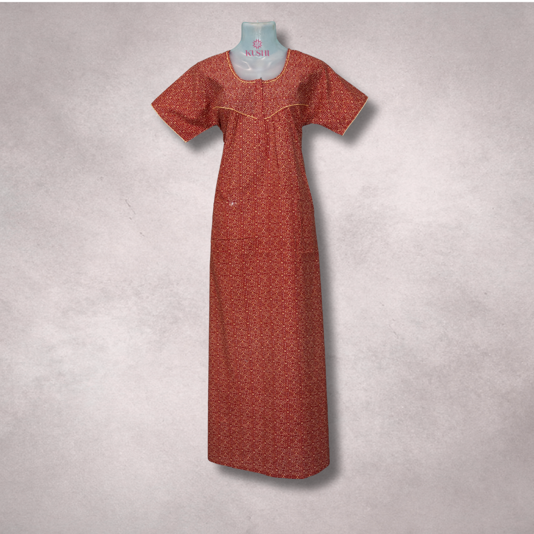 Rust Red Printed Nighty with Yellow Piping