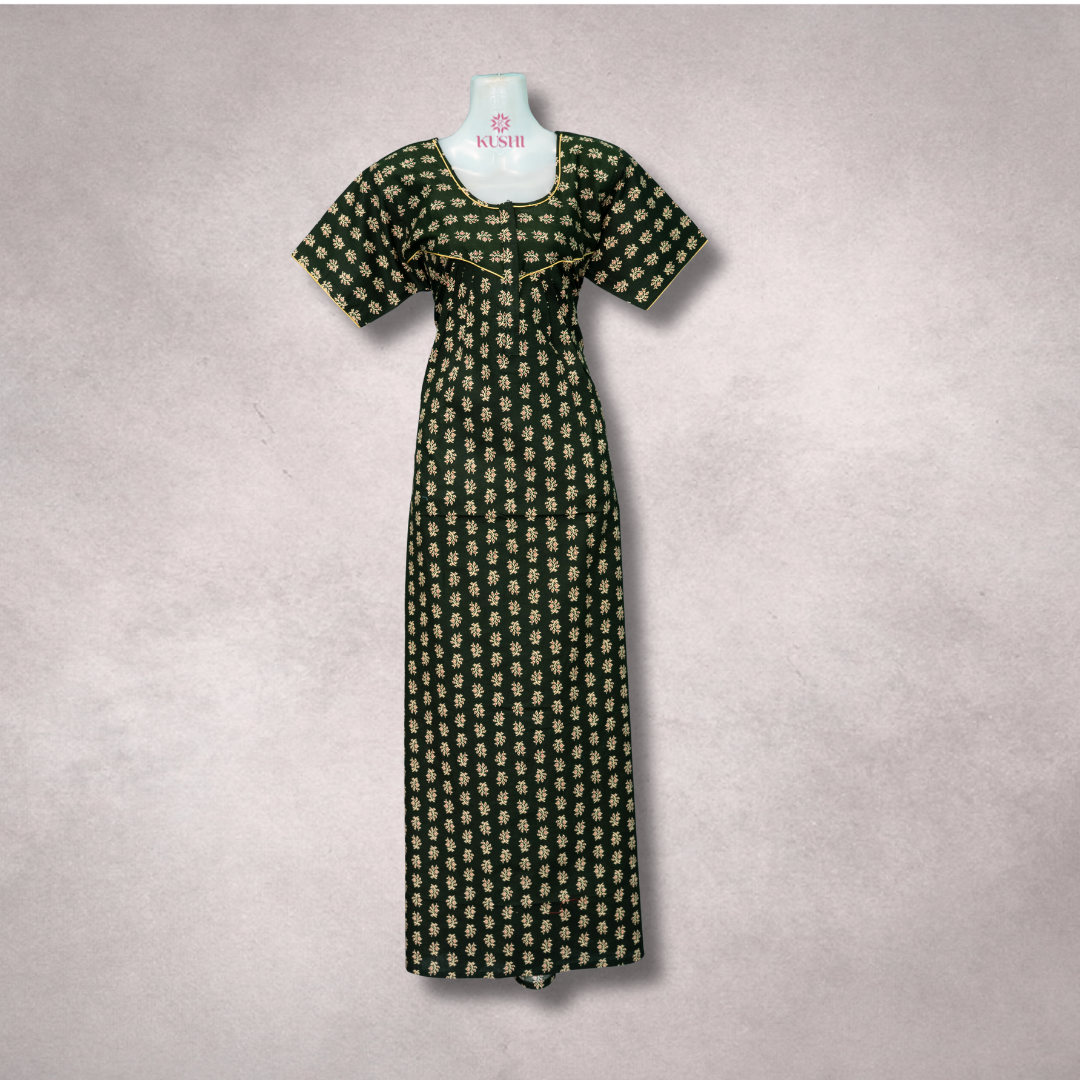 Dark Green Floral Printed Cotton Nighty