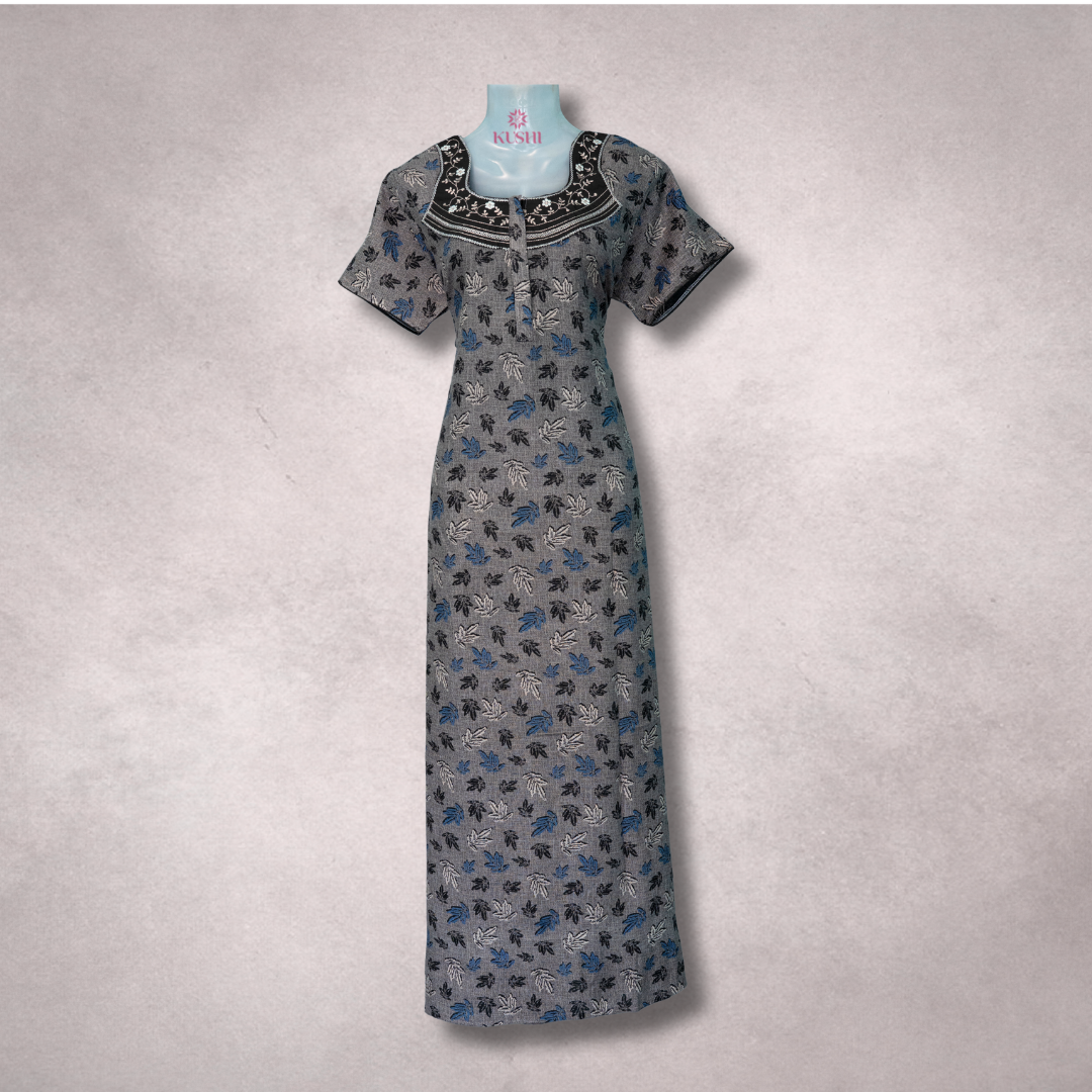 Grey Floral Printed Cotton Nighty with Black Embroidered Yoke