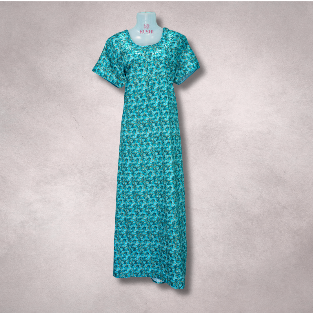 Teal Blue Tropical Leaf Printed Cotton Nighty