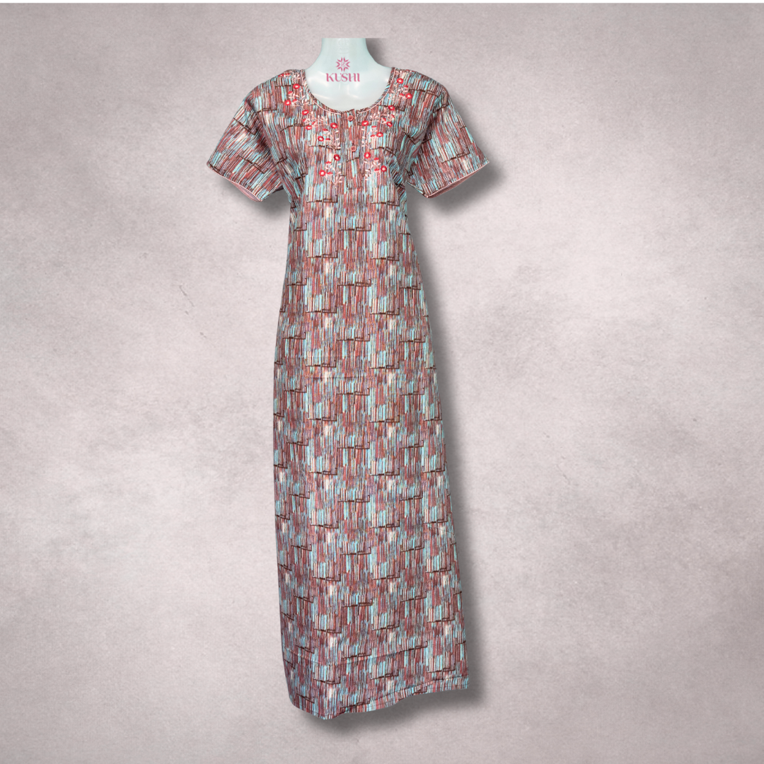 Brick Red & Aqua Abstract Printed Cotton Nighty with Embroidered Yoke