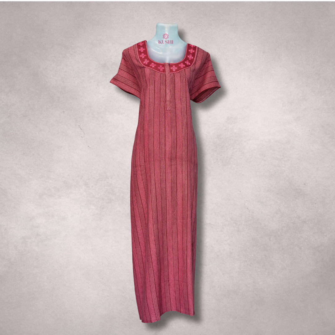 Women’s Striped Cotton Nighty – Pink with Embroidered Neckline