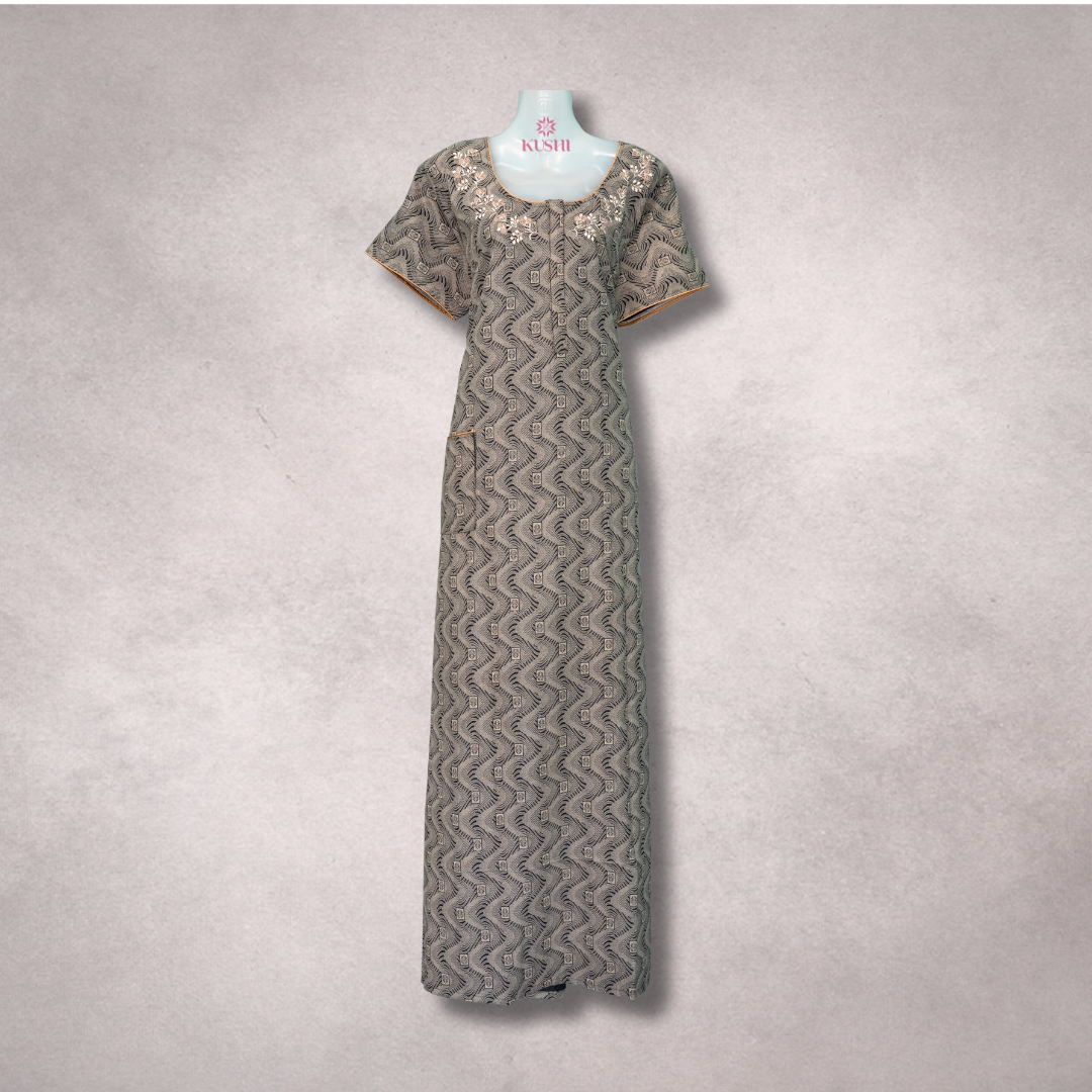 Premium Cotton Printed Nighty – Beige Zigzag Elegance