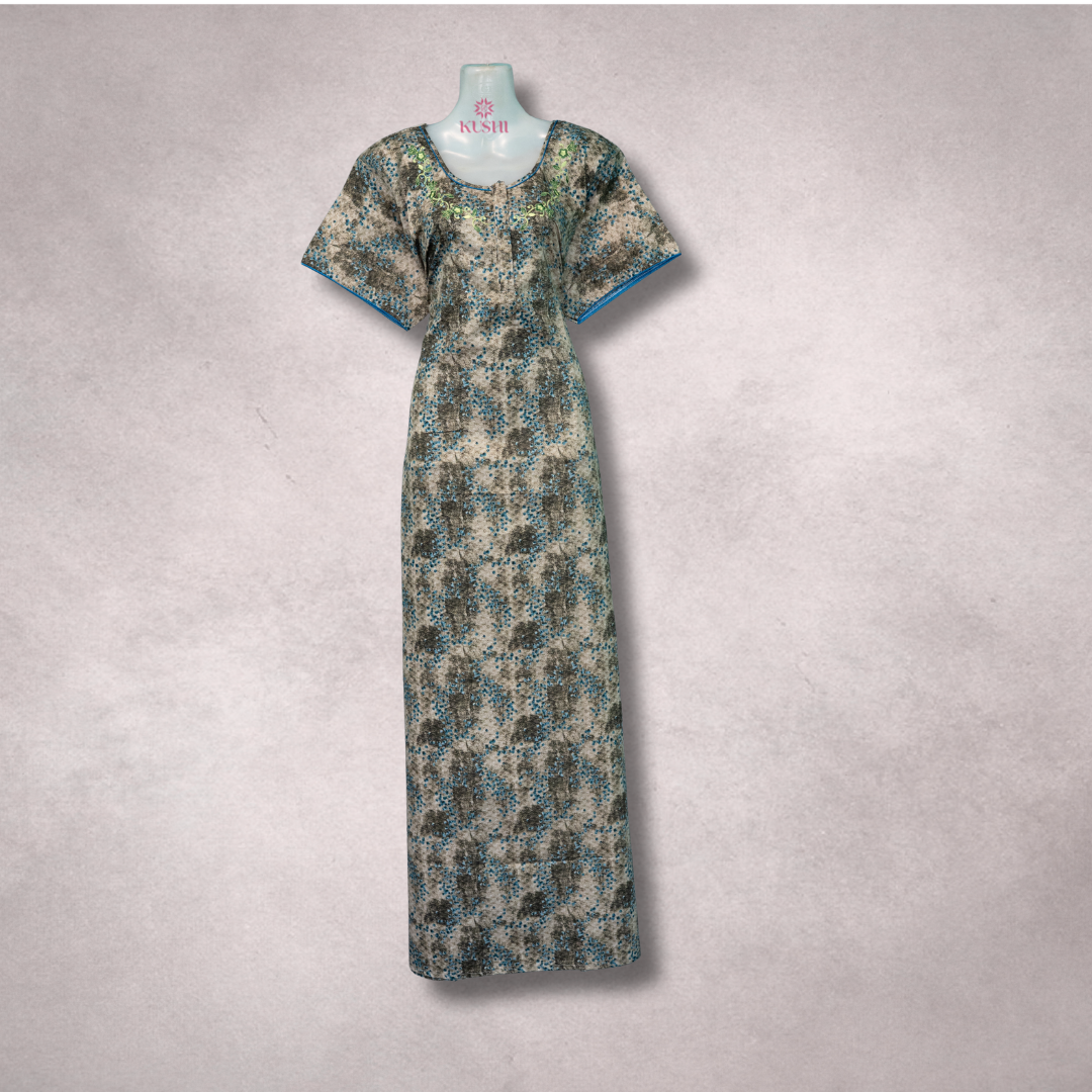 Beige & Teal Abstract Printed Cotton Nighty with Green Embroidery