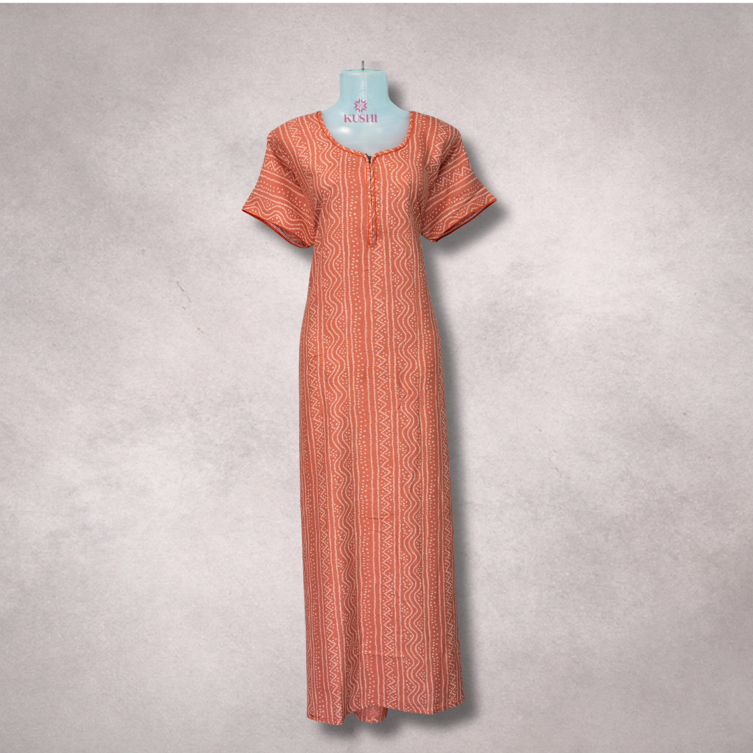 Cotton Printed Nighty – Terracotta Tribal Pattern