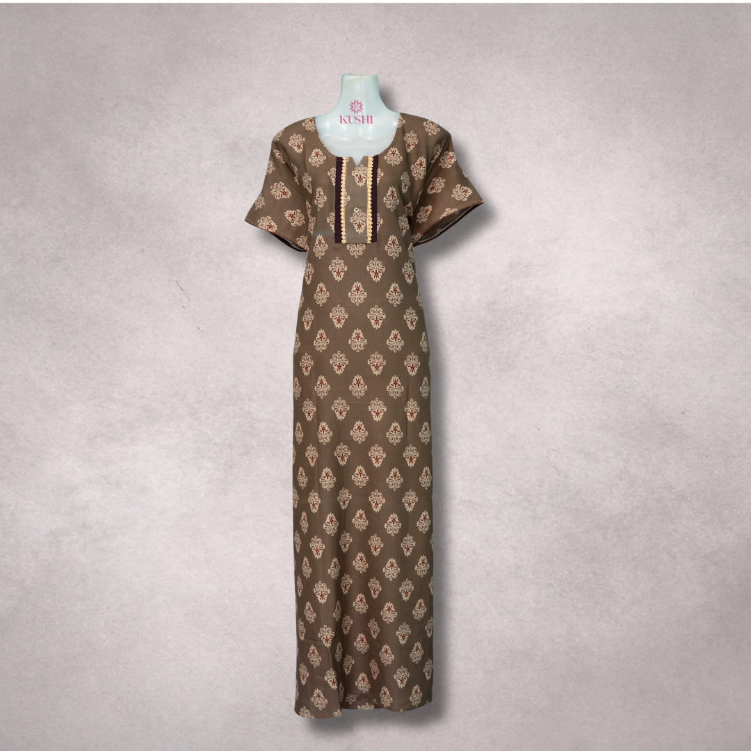 Premium Cotton Printed Nighty – Coffee Brown with Ethnic Motifs