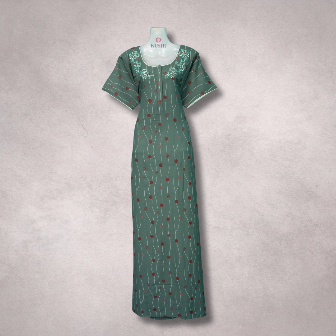 Premium Embroidered Green Floral Nighty