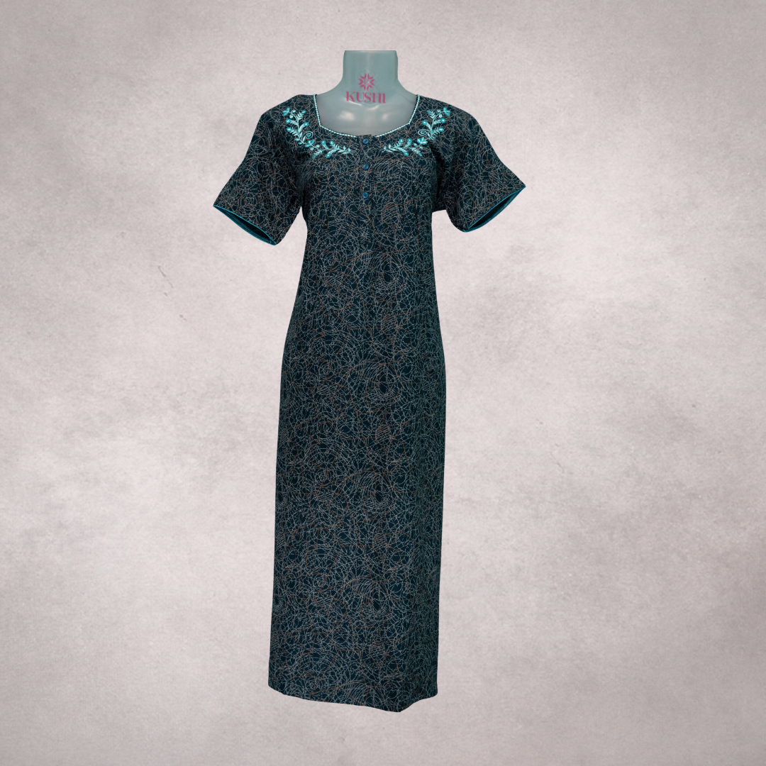 Women’s Premium Cotton Nighty with Embroidered Neckline – Teal Black