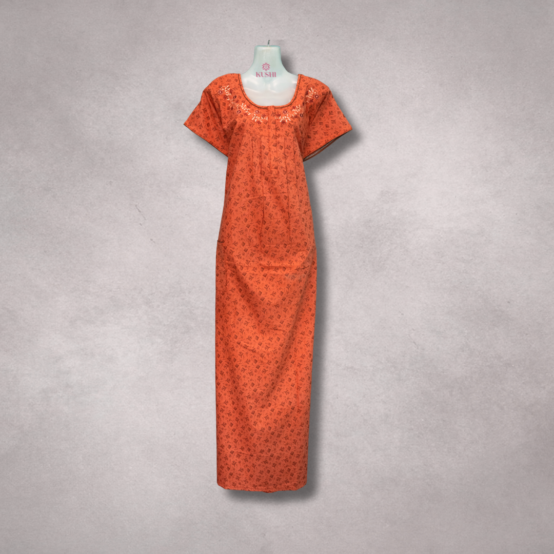 Burnt Orange Printed Cotton Nighty with Embroidered Neckline
