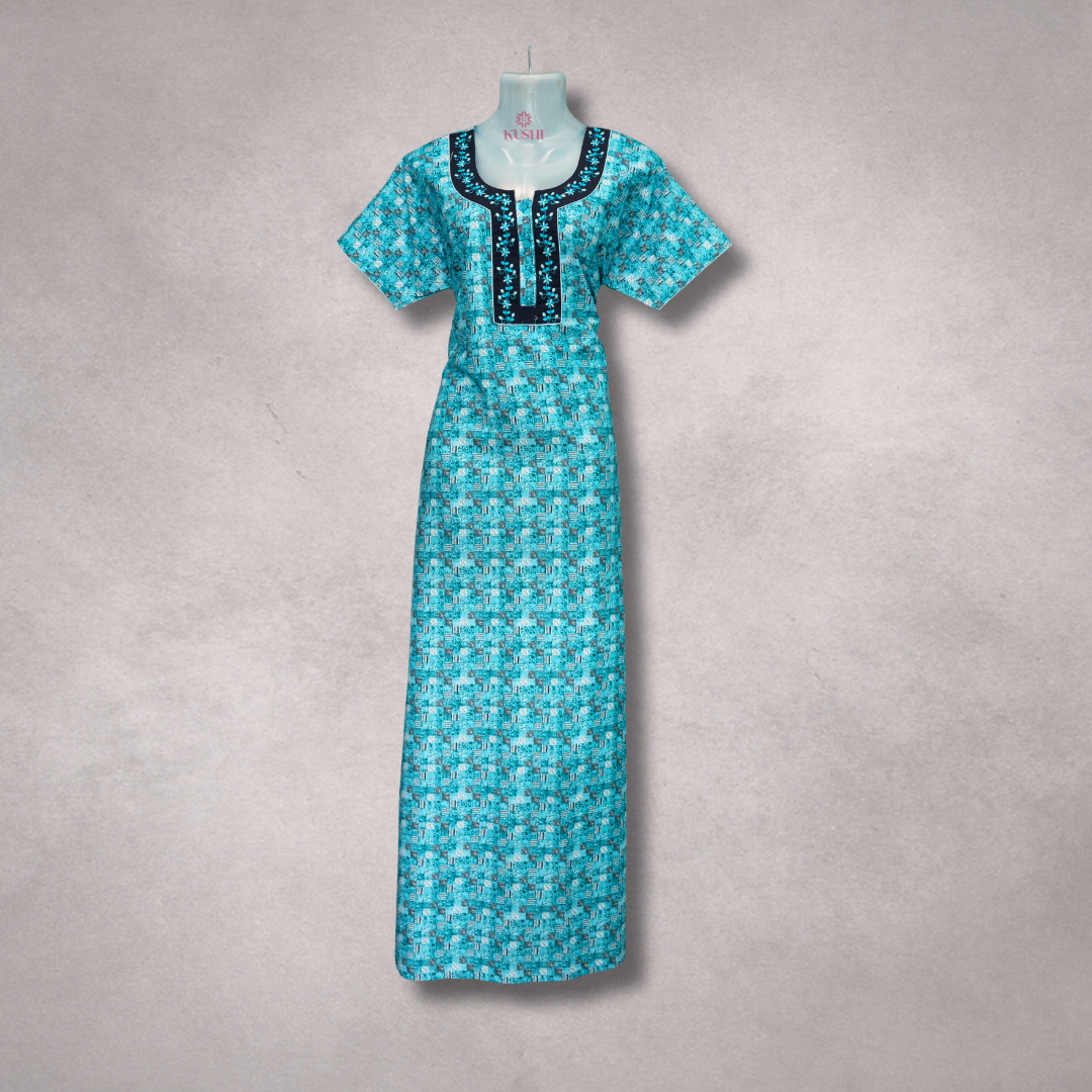 Aqua Blue Printed Cotton Nighty with Black Embroidered Yoke