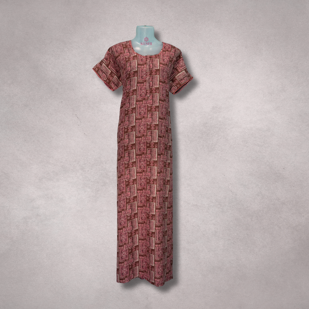 Maroon Geometric Printed Cotton Nighty