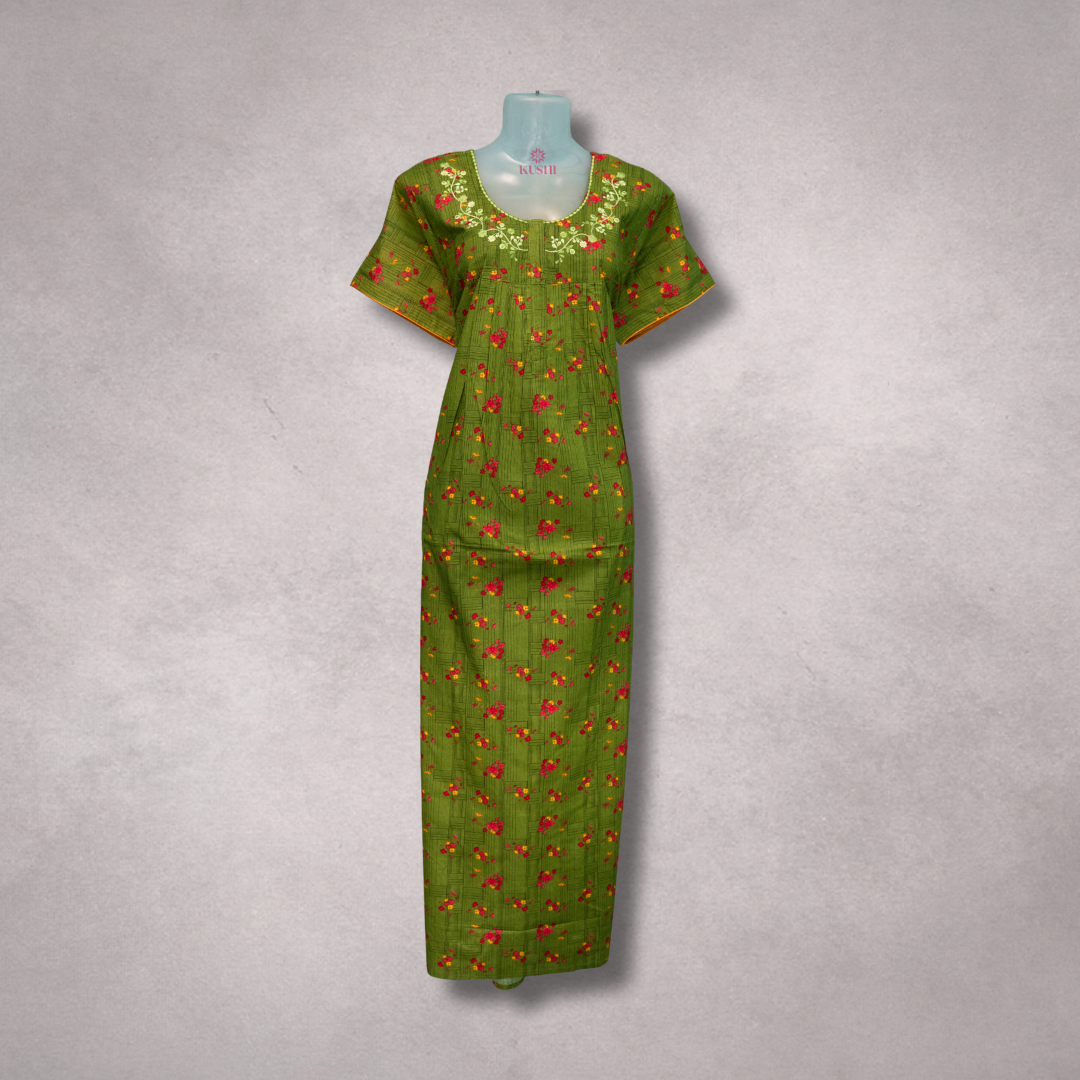 Elegant Green Floral Printed Nighty with Embroidered Neckline