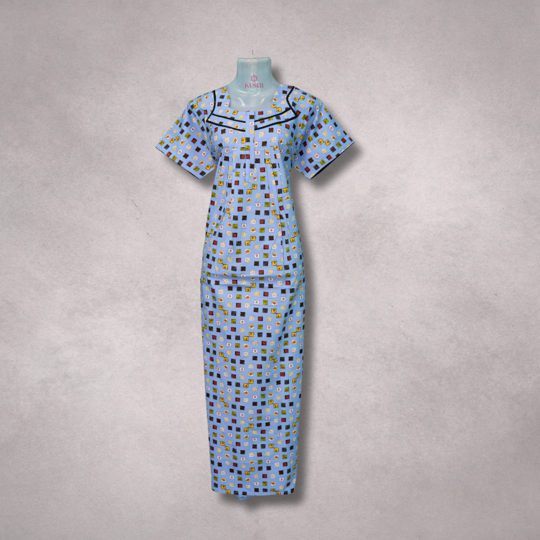 Light Blue Geometric Printed Cotton Nighty with Black Piping