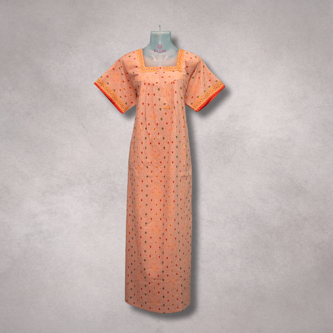 Light Peach Cotton Nighty with Orange Border Detailing