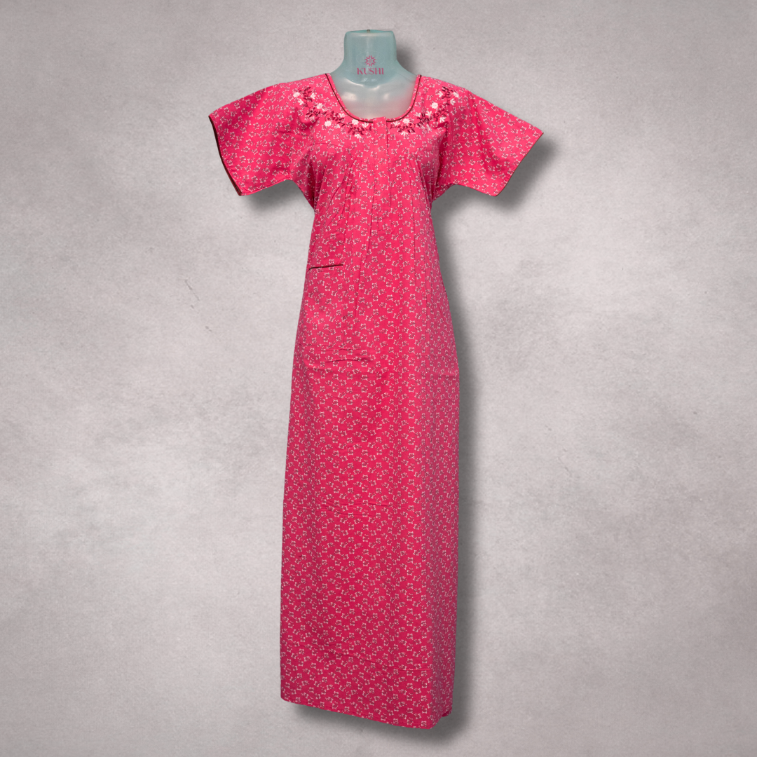 Pink Floral Embroidered Kaftan Nighty – Comfortable & Elegant Sleepwear