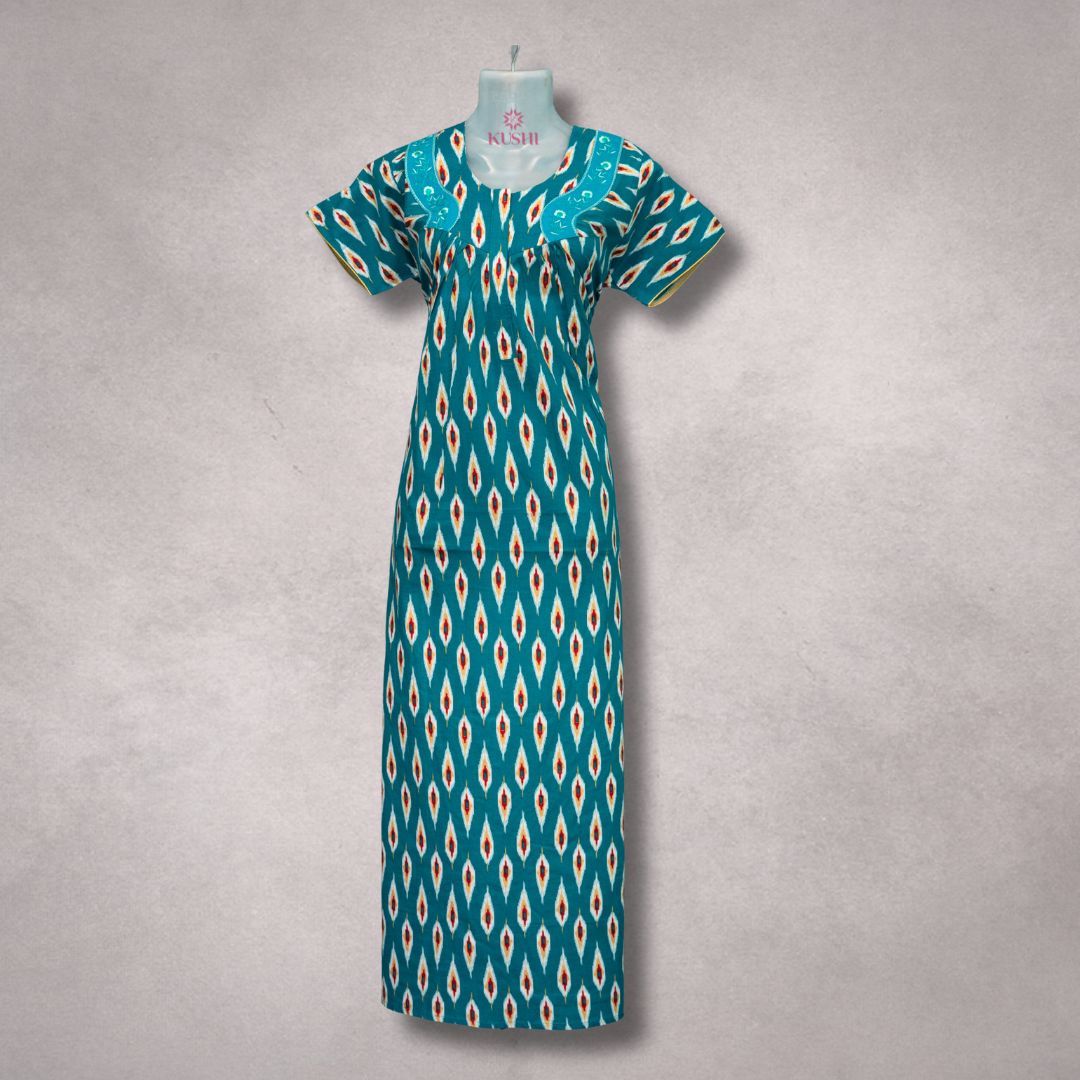 Teal Ikat Print Kaftan Nightgown with Embroidered Neckline