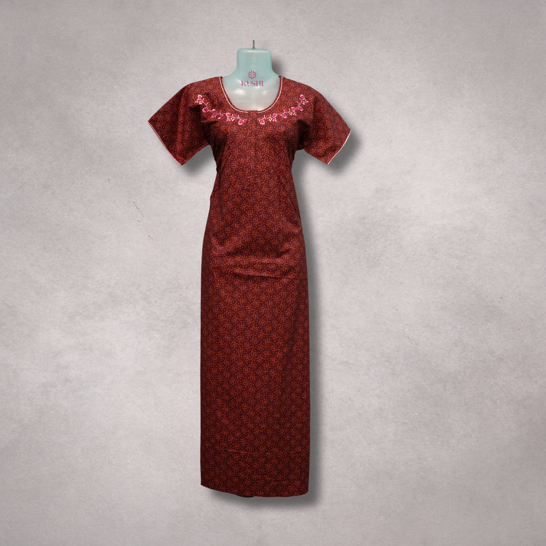 Maroon Floral Print Cotton Nighty with Pink Embroidery