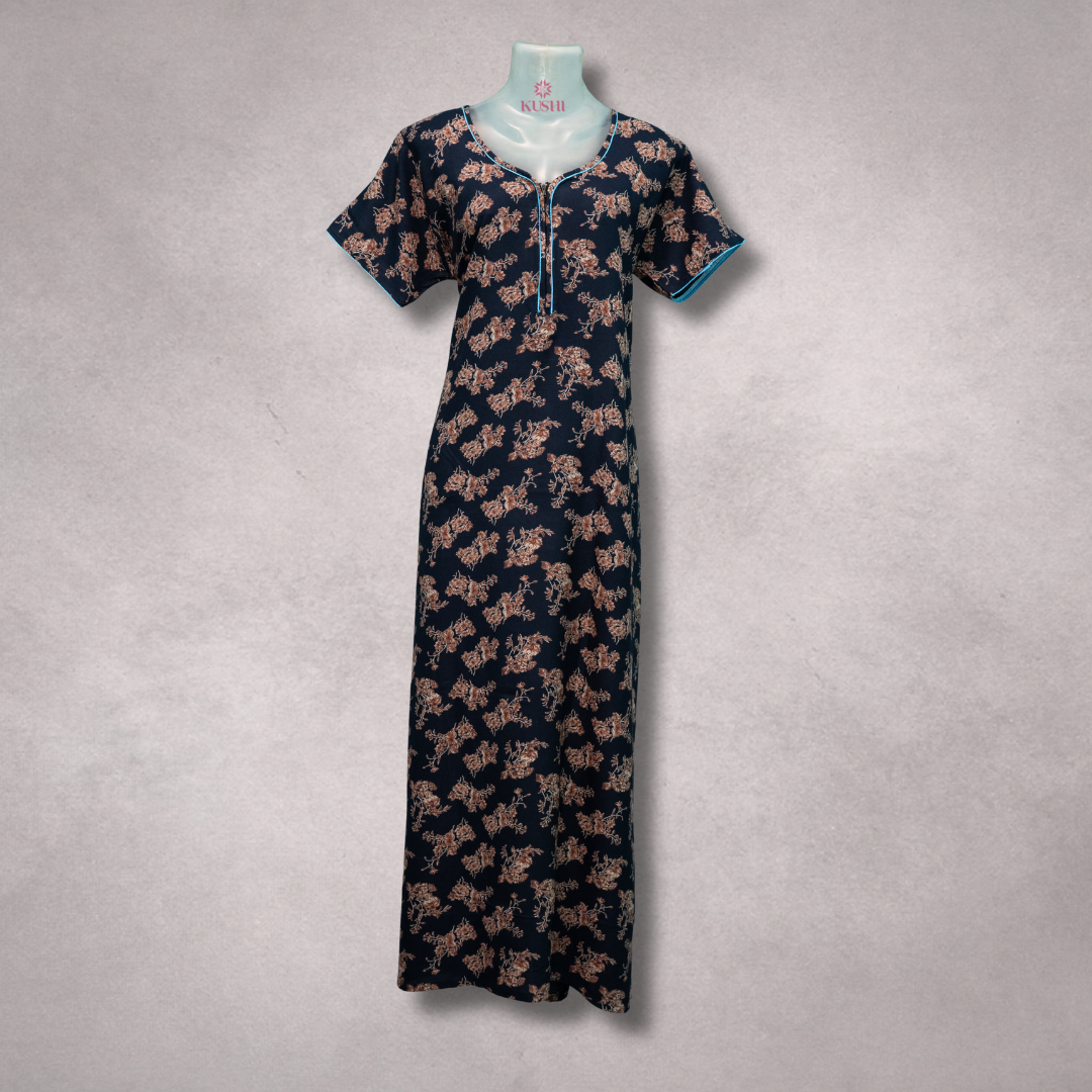 Elegant Navy Blue Floral Printed Nighty