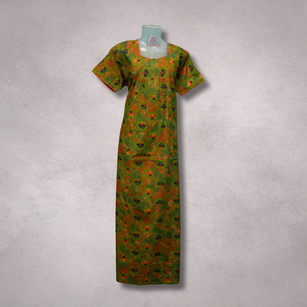 Olive Green Floral Printed Cotton Nighty