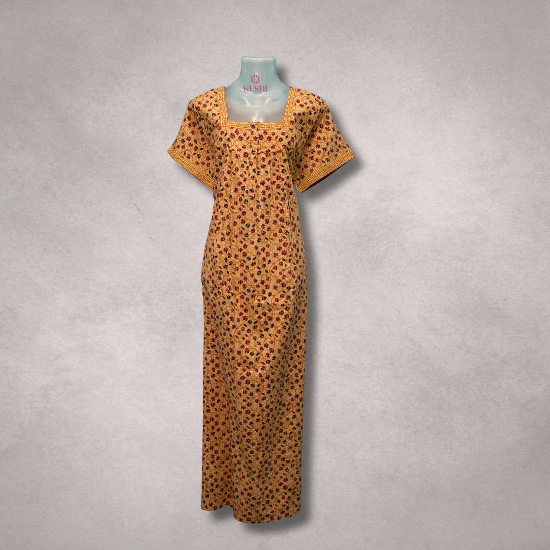 Mustard Yellow Floral Printed Cotton Nighty