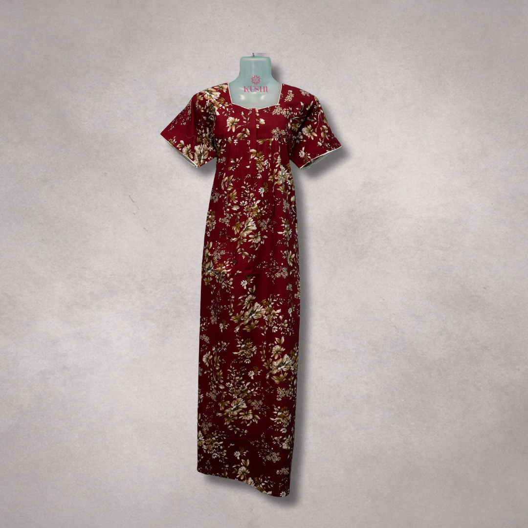 Maroon Floral Printed Cotton Nighty